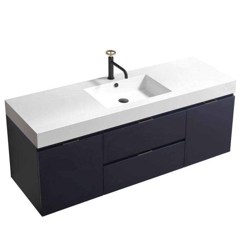 Kube Bath BSL60S-BLUE Bliss 60" Blue Wall Mount Single Sink Bathroom Vanity with Reinforced Acrylic Composite Top
