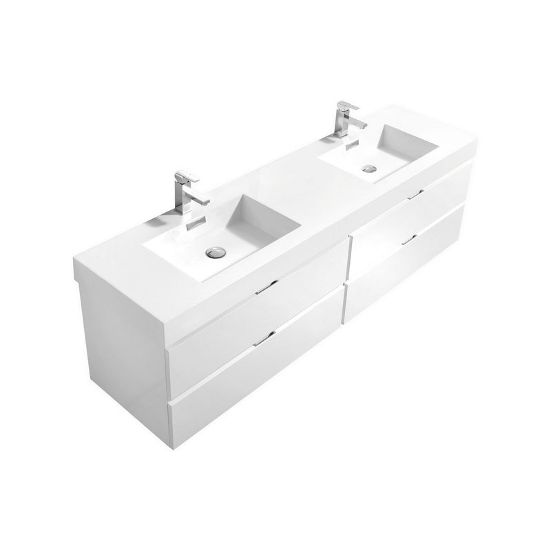 Kube Bath BSL72D-GW Bliss 72" High Gloss White Wall Mount Double Sink Bathroom Vanity with Reinforced Acrylic Composite Top