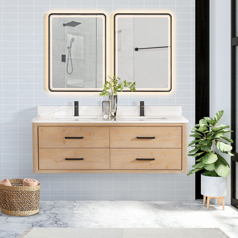 Vinnova 706660M-FN-BK Cristo 60M" Floating Double Bath Vanity in Fir Wood Brown with Fish Maw White Quartz Stone Top