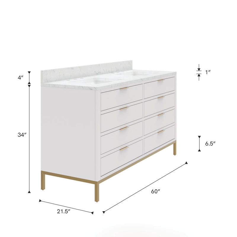 BR60CW06PW - Bristol 60 In. Double Sink Pre-Assembled Modern Style Bathroom Vanity With 1" Carrara White Marble Top