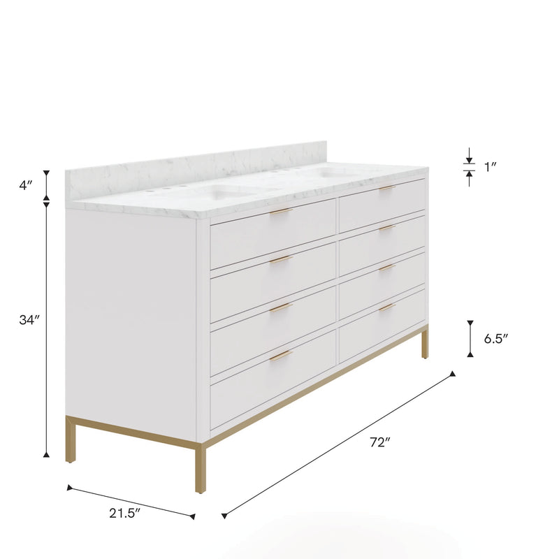 BR72CW06PW - Bristol 72 In. Double Sink Pre-Assembled Modern Style Bathroom Vanity With 1" Carrara White Marble Top
