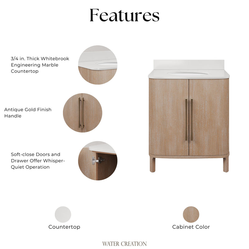 CI30EM08TL - Cirilla 30 In. Single Sink Pre-Assembled Transitional Style Bathroom Vanity With 3/4" White Engineered Marble Countertop