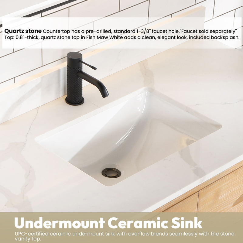 Vinnova 706648-FN-BK Cristo 48" Floating Single Bath Vanity in Fir Wood Brown with Fish Maw White Quartz Stone Top
