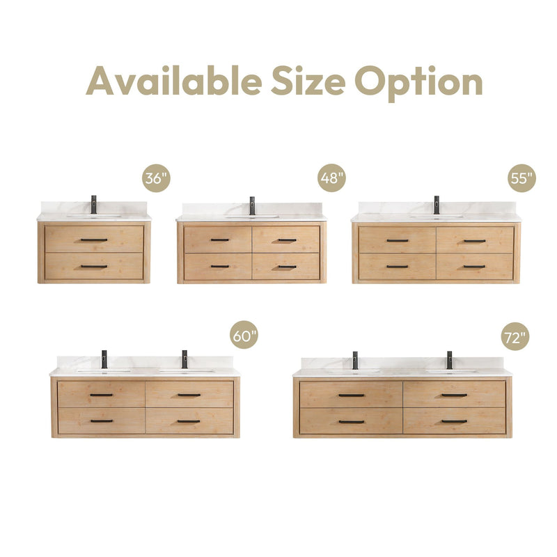 Vinnova 706648-FN-BK Cristo 48" Floating Single Bath Vanity in Fir Wood Brown with Fish Maw White Quartz Stone Top