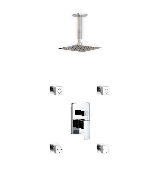 Kube Bath CR2004J2V Aqua Piazza Chrome Shower Set with 8" Ceiling Mount Square Rain Shower and 4 Body Jets