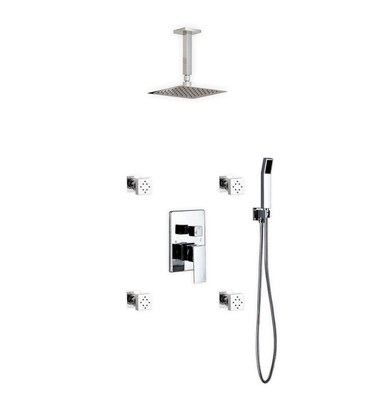 Kube Bath CR2004JHH3V Aqua Piazza Chrome Shower Set with 8" Ceiling Mount Square Rain Shower, Handheld and 4 Body Jets