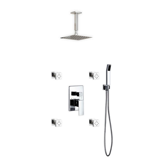Kube Bath CR2004JHH3V Aqua Piazza Chrome Shower Set with 8" Ceiling Mount Square Rain Shower, Handheld and 4 Body Jets