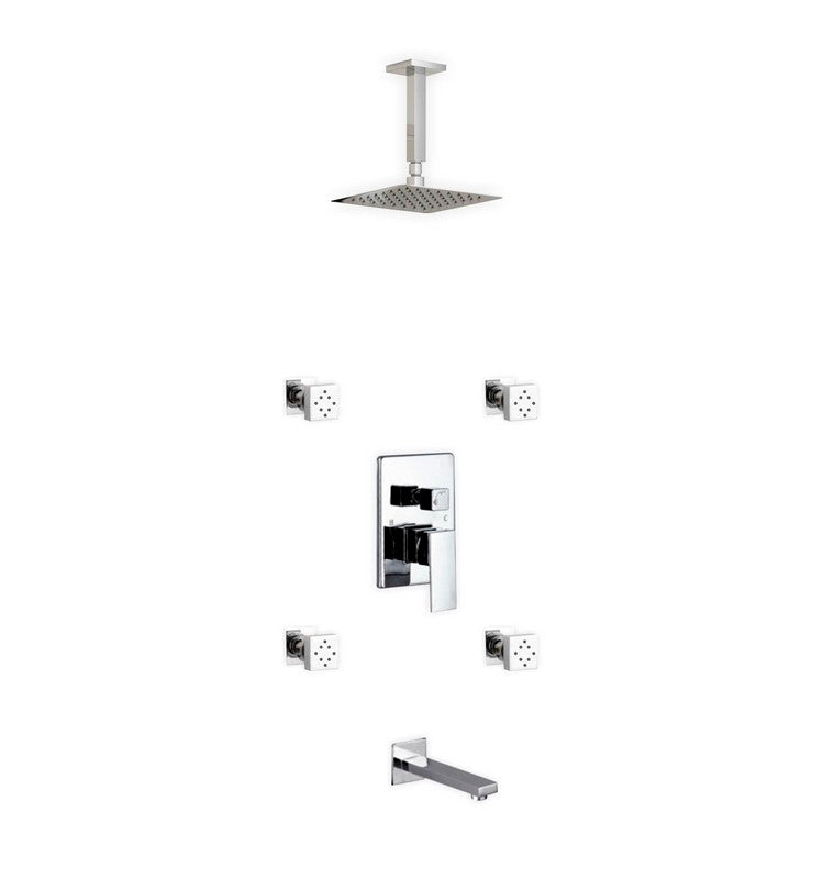 Kube Bath CR2004JTF3V Aqua Piazza Chrome Shower Set with 8" Ceiling Mount Square Rain Shower, Tub Filler and 4 Body Jets