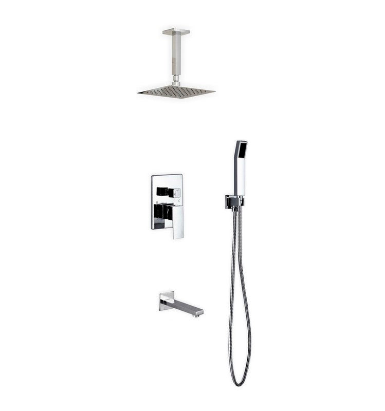 Kube Bath CR200HHTF3V Aqua Piazza Chrome Shower Set with 8" Ceiling Mount Square Rain Shower, Handheld and Tub Filler