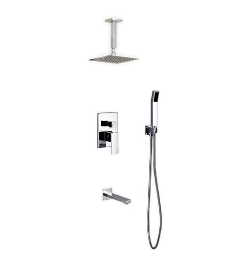 Kube Bath CR200HHTF3V Aqua Piazza Chrome Shower Set with 8" Ceiling Mount Square Rain Shower, Handheld and Tub Filler