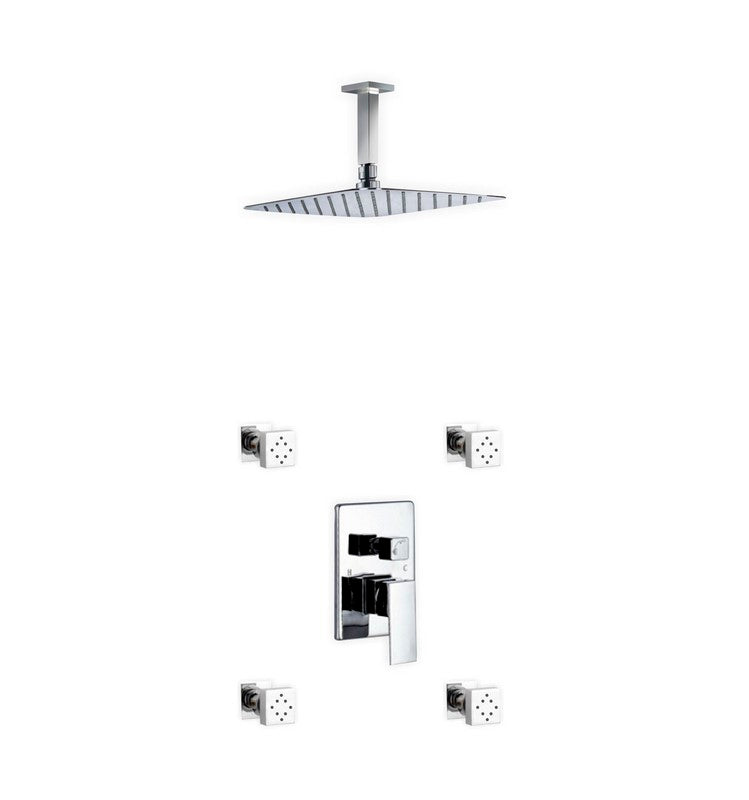 Kube Bath CR3004J2V Aqua Piazza Chrome Shower Set with 12" Ceiling Mount Square Rain Shower and 4 Body Jets