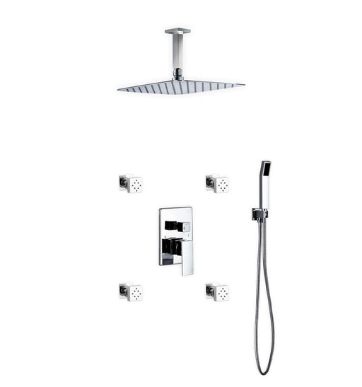 Kube Bath CR3004JHH3V Aqua Piazza Chrome Shower Set with 12" Ceiling Mount Square Rain Shower, 4 Body Jets and Handheld