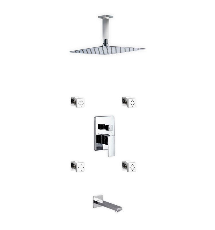 Kube Bath CR3004JTF3V Aqua Piazza Chrome Shower Set with 12" Ceiling Mount Square Rain Shower, Tub Filler and 4 Body Jets