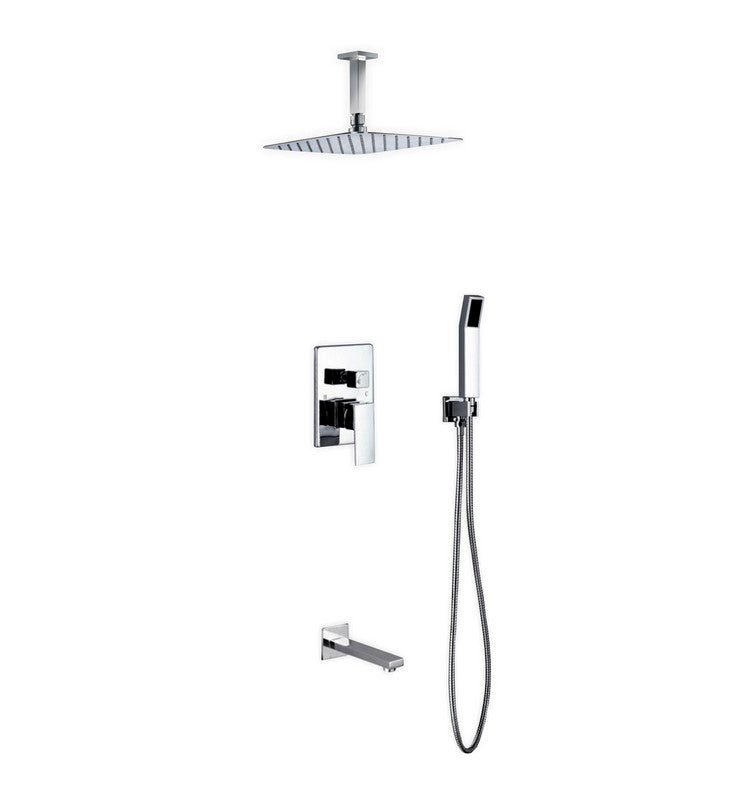 Kube Bath CR300HHTF3V Aqua Piazza Chrome Shower Set with 12" Ceiling Mount Square Rain Shower, Handheld and Tub Filler