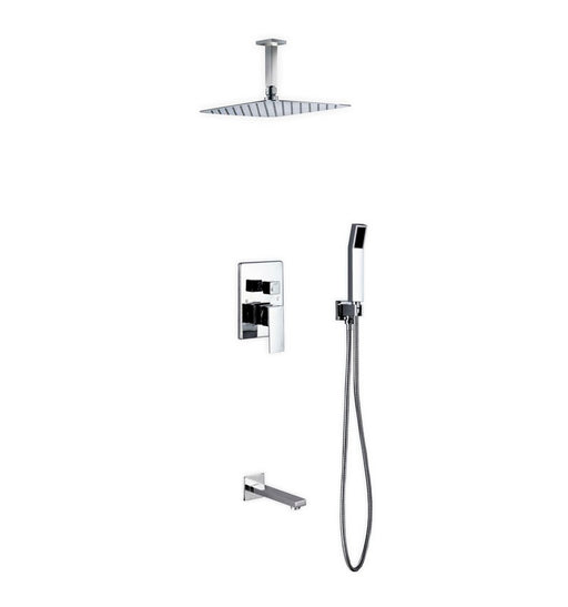 Kube Bath CR300HHTF3V Aqua Piazza Chrome Shower Set with 12" Ceiling Mount Square Rain Shower, Handheld and Tub Filler