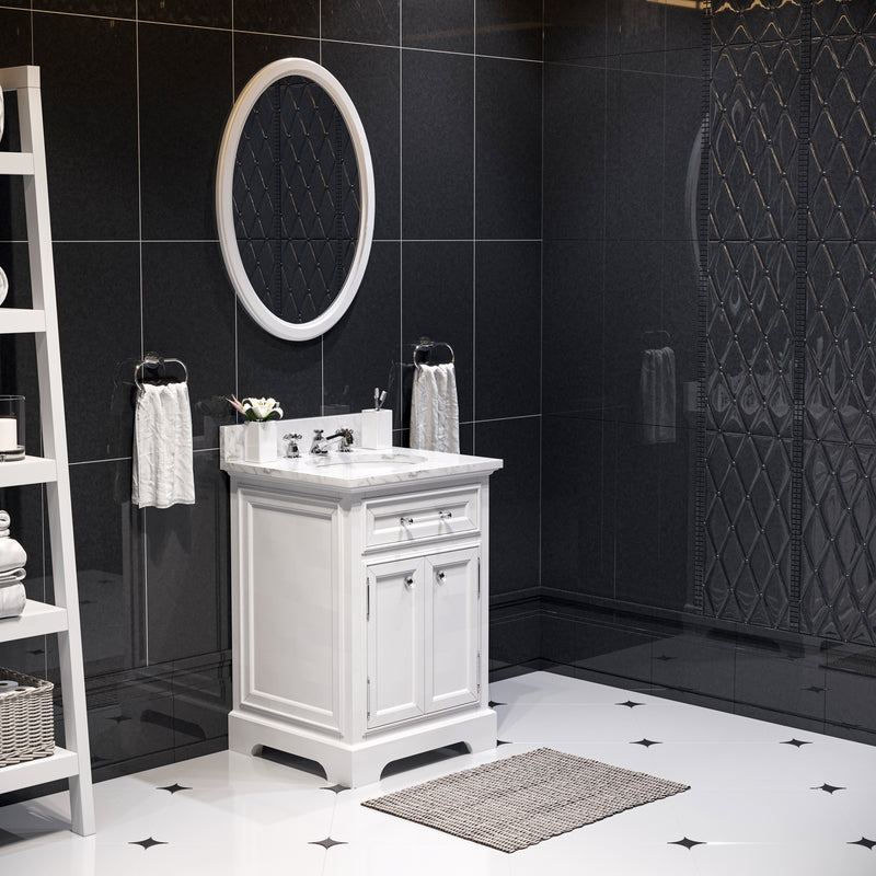 DE24CW01PW - Derby 24 In. Single Sink Pre-Assembled Traditional Style Bathroom Vanity with 1" Carrara White Marble Top