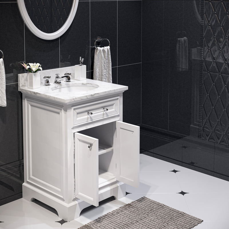 DE24CW01PW - Derby 24 In. Single Sink Pre-Assembled Traditional Style Bathroom Vanity with 1" Carrara White Marble Top