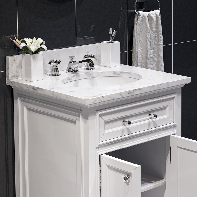 DE24CW01PW - Derby 24 In. Single Sink Pre-Assembled Traditional Style Bathroom Vanity with 1" Carrara White Marble Top