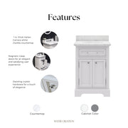 DE24CW01PW - Derby 24 In. Single Sink Pre-Assembled Traditional Style Bathroom Vanity with 1" Carrara White Marble Top