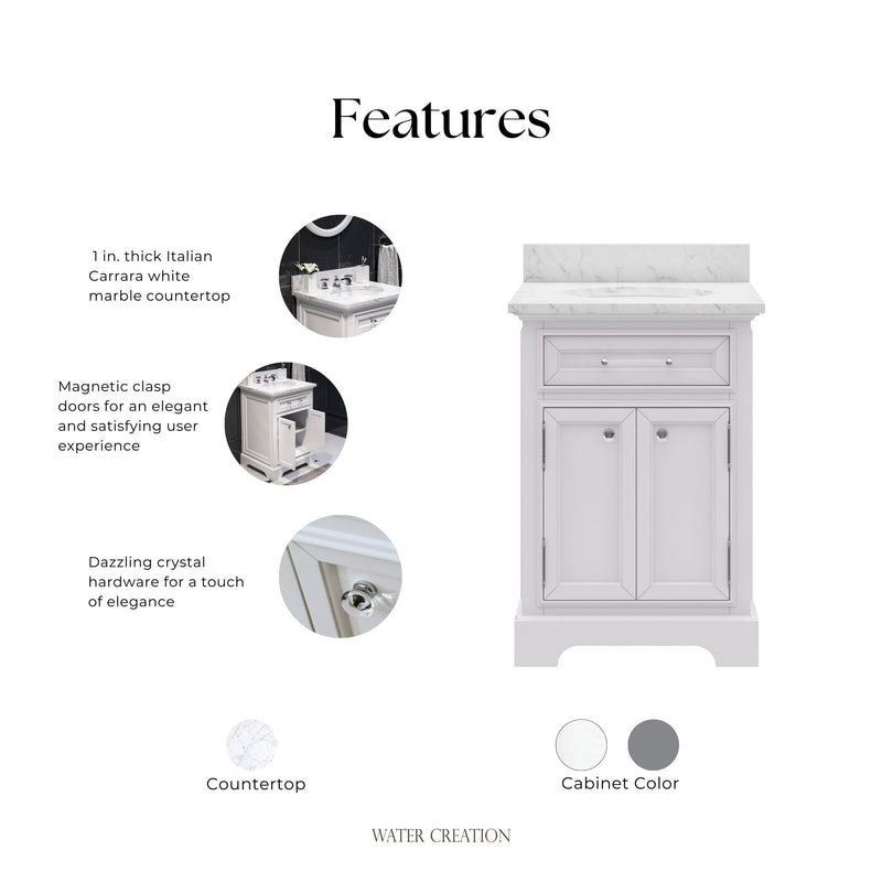 DE24CW01PW - Derby 24 In. Single Sink Pre-Assembled Traditional Style Bathroom Vanity with 1" Carrara White Marble Top