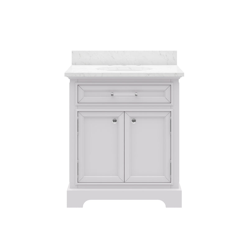 DE30CW01PW - Derby 30 In. Single Sink Pre-Assembled Traditional Style Bathroom Vanity with 1" Carrara White Marble Top