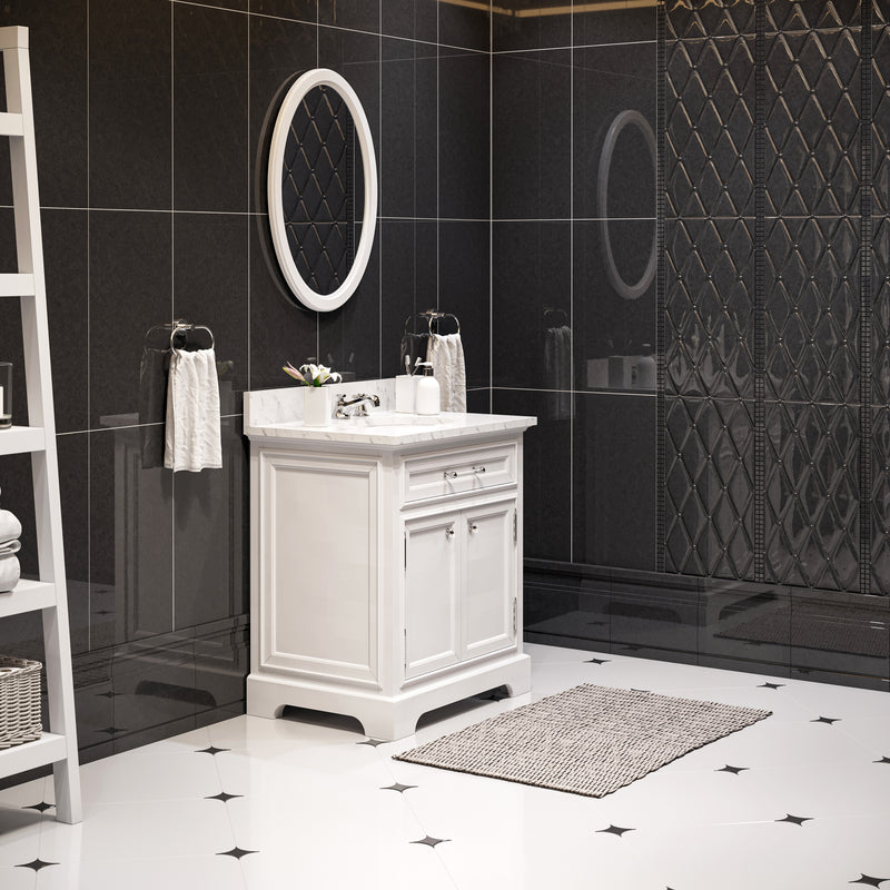 DE30CW01PW - Derby 30 In. Single Sink Pre-Assembled Traditional Style Bathroom Vanity with 1" Carrara White Marble Top