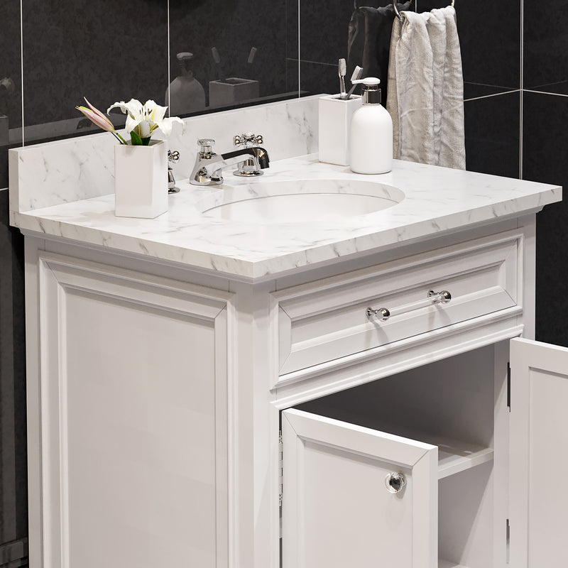 DE30CW01PW - Derby 30 In. Single Sink Pre-Assembled Traditional Style Bathroom Vanity with 1" Carrara White Marble Top