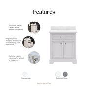 DE30CW01PW - Derby 30 In. Single Sink Pre-Assembled Traditional Style Bathroom Vanity with 1" Carrara White Marble Top