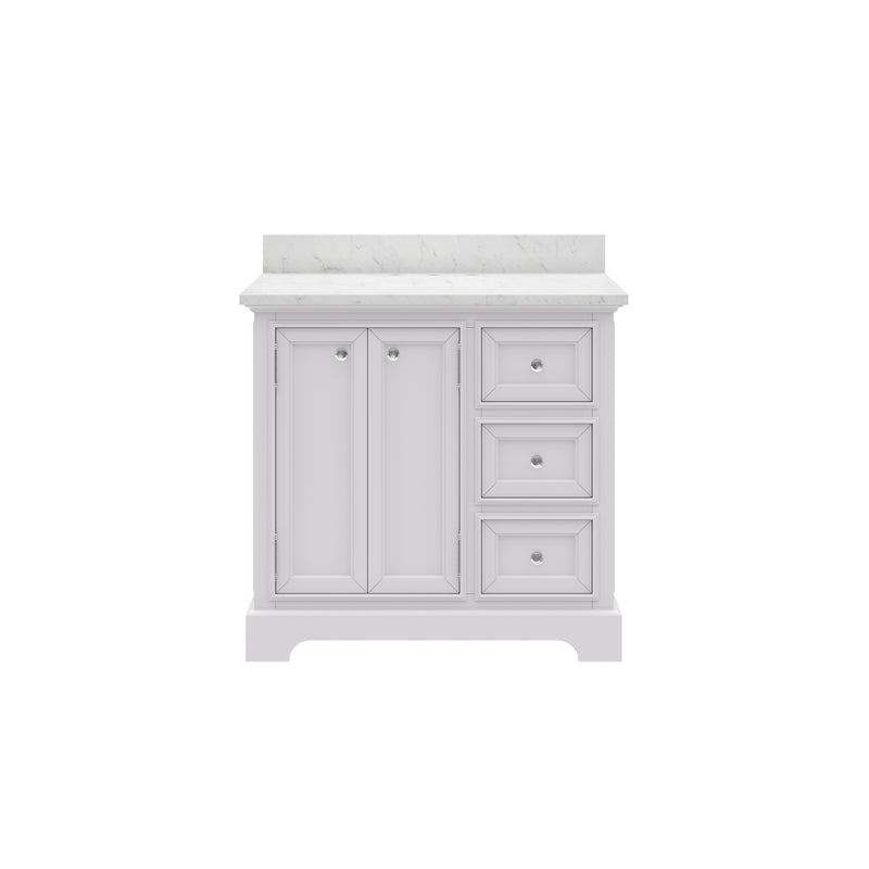 DE36CW01PW - Derby 36 In. Single Sink Pre-Assembled Traditional Style Bathroom Vanity with 1" Carrara White Marble Top