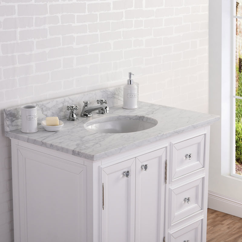 DE36CW01PW - Derby 36 In. Single Sink Pre-Assembled Traditional Style Bathroom Vanity with 1" Carrara White Marble Top