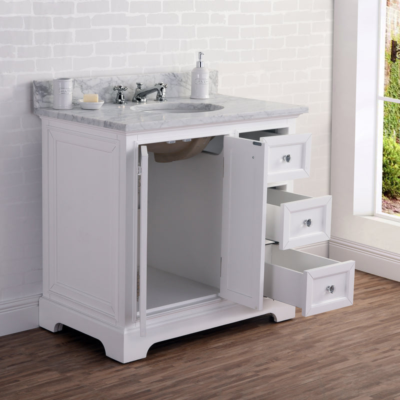 DE36CW01PW - Derby 36 In. Single Sink Pre-Assembled Traditional Style Bathroom Vanity with 1" Carrara White Marble Top