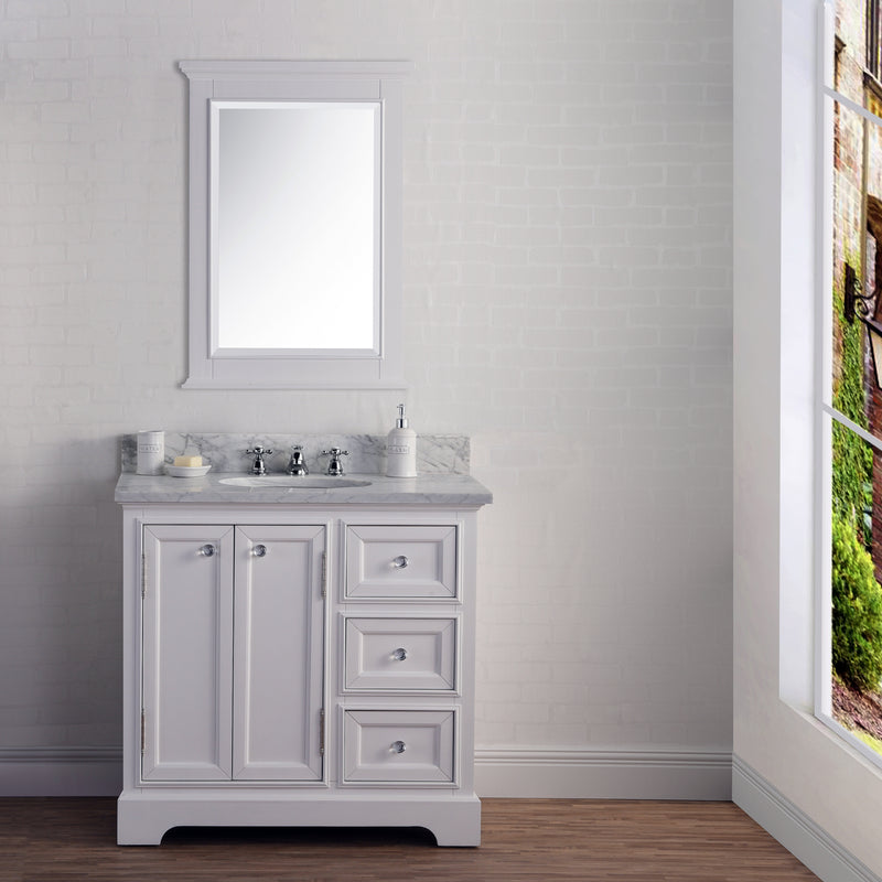 DE36CW01PW - Derby 36 In. Single Sink Pre-Assembled Traditional Style Bathroom Vanity with 1" Carrara White Marble Top