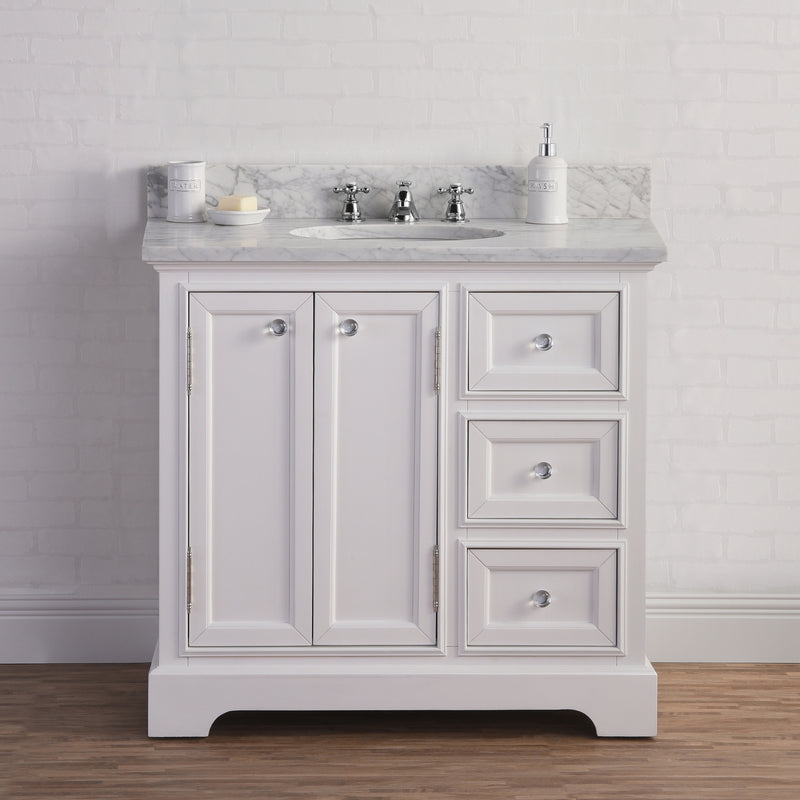 DE36CW01PW - Derby 36 In. Single Sink Pre-Assembled Traditional Style Bathroom Vanity with 1" Carrara White Marble Top