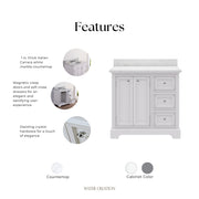 DE36CW01PW - Derby 36 In. Single Sink Pre-Assembled Traditional Style Bathroom Vanity with 1" Carrara White Marble Top