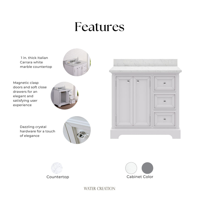 DE36CW01PW - Derby 36 In. Single Sink Pre-Assembled Traditional Style Bathroom Vanity with 1" Carrara White Marble Top