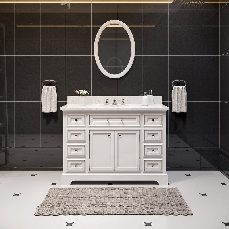 DE48CW01PW - Derby 48 In. Single Sink Pre-Assembled Traditional Style Bathroom Vanity with 1" Carrara White Marble Top
