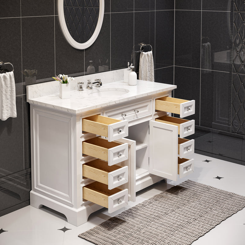 DE48CW01PW - Derby 48 In. Single Sink Pre-Assembled Traditional Style Bathroom Vanity with 1" Carrara White Marble Top