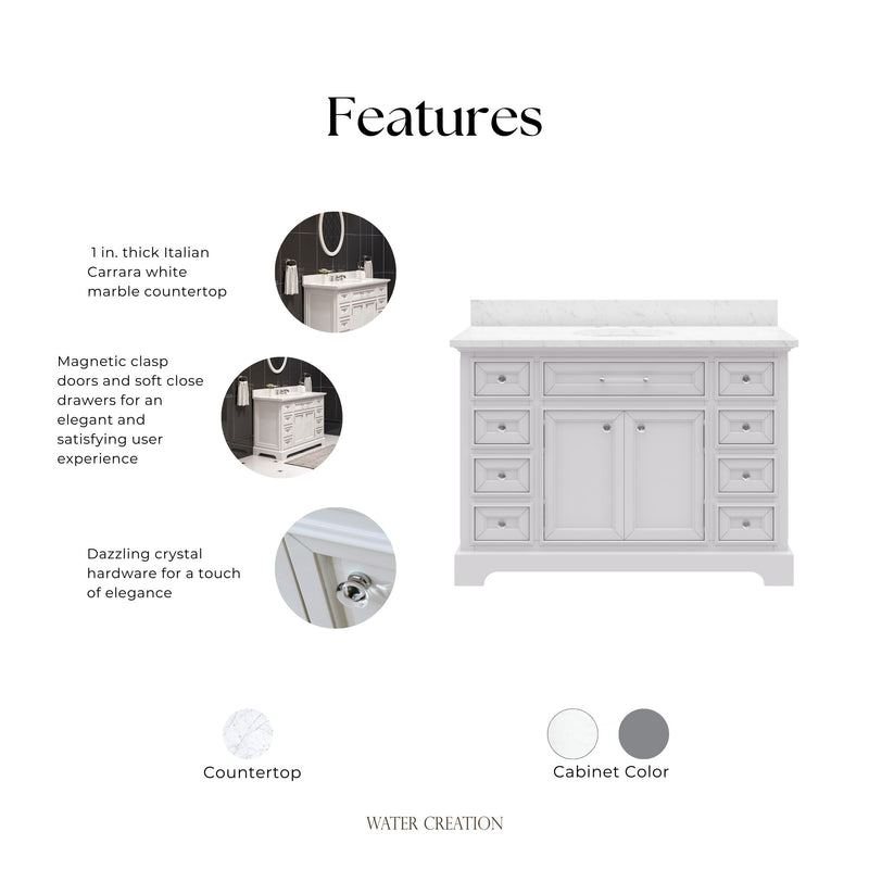 DE48CW01PW - Derby 48 In. Single Sink Pre-Assembled Traditional Style Bathroom Vanity with 1" Carrara White Marble Top