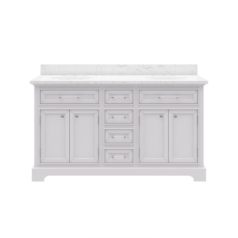 DE60CW01PW - Derby 60 In. Double Sink Pre-Assembled Traditional Style Bathroom Vanity with 1" Carrara White Marble Top