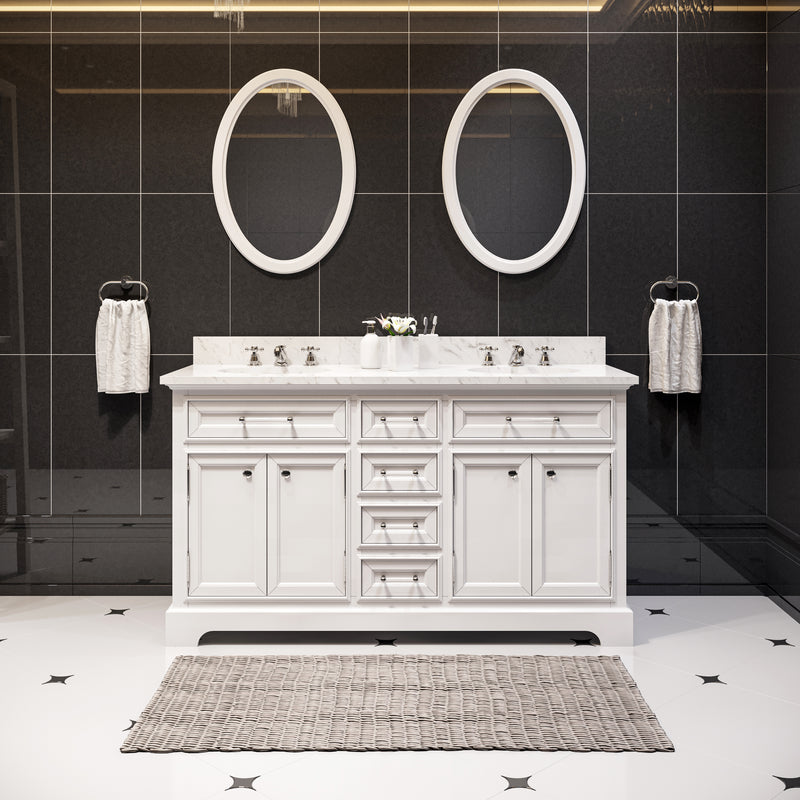DE60CW01PW - Derby 60 In. Double Sink Pre-Assembled Traditional Style Bathroom Vanity with 1" Carrara White Marble Top