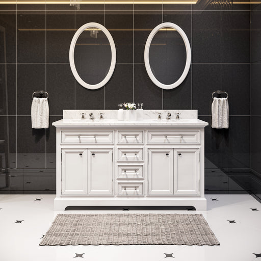 DE60CW01PW - Derby 60 In. Double Sink Pre-Assembled Traditional Style Bathroom Vanity with 1" Carrara White Marble Top