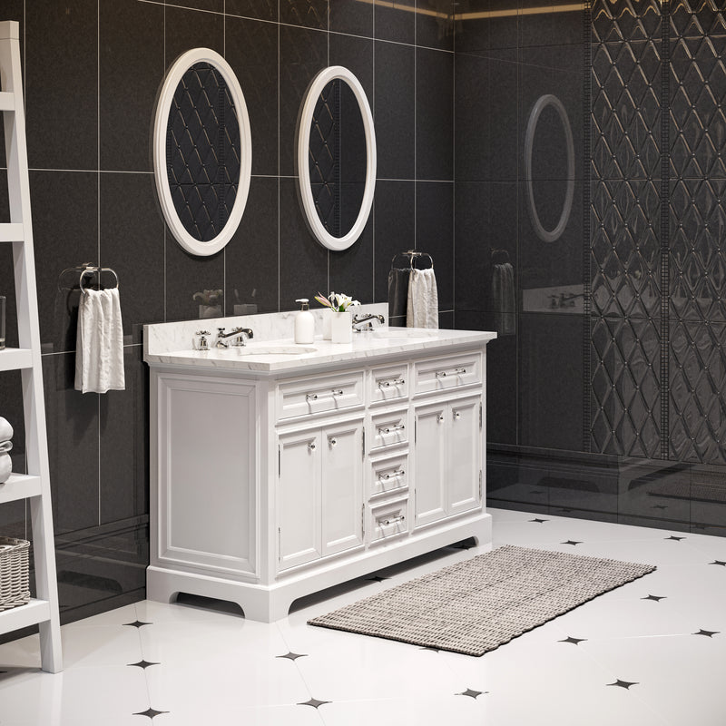 DE60CW01PW - Derby 60 In. Double Sink Pre-Assembled Traditional Style Bathroom Vanity with 1" Carrara White Marble Top