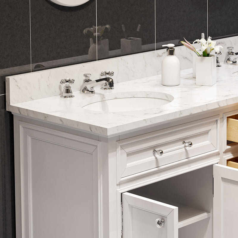DE60CW01PW - Derby 60 In. Double Sink Pre-Assembled Traditional Style Bathroom Vanity with 1" Carrara White Marble Top