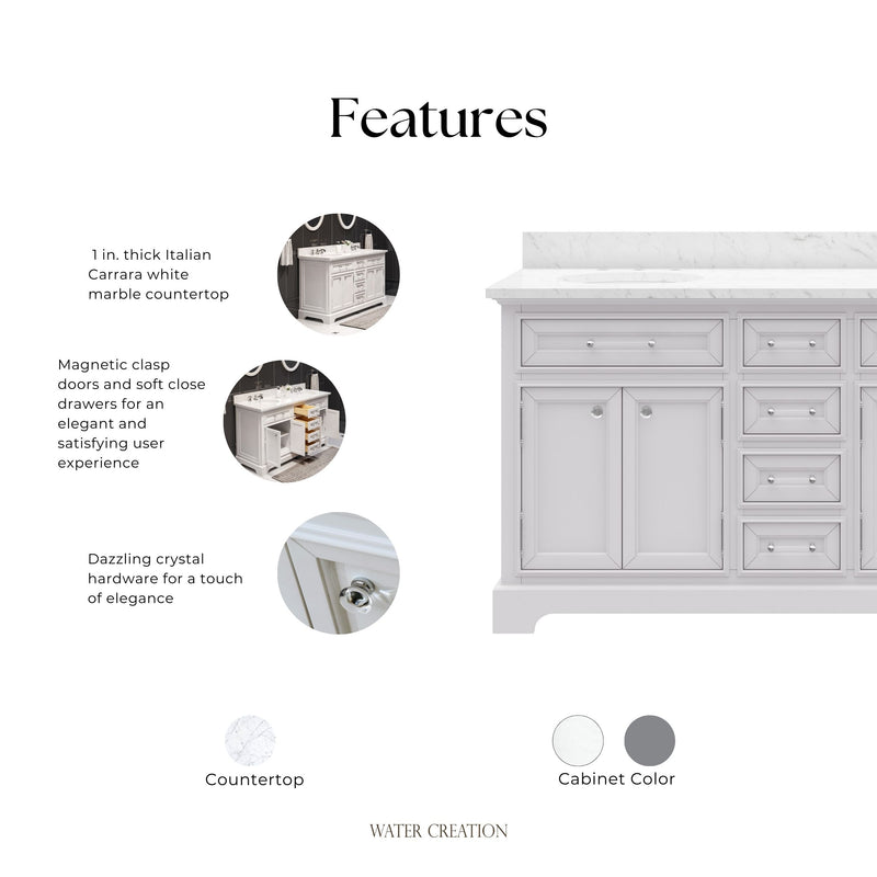DE60CW01PW - Derby 60 In. Double Sink Pre-Assembled Traditional Style Bathroom Vanity with 1" Carrara White Marble Top