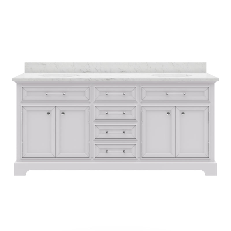 DE72CW01PW - Derby 72 In. Double Sink Pre-Assembled Traditional Style Bathroom Vanity with 1" Carrara White Marble Top