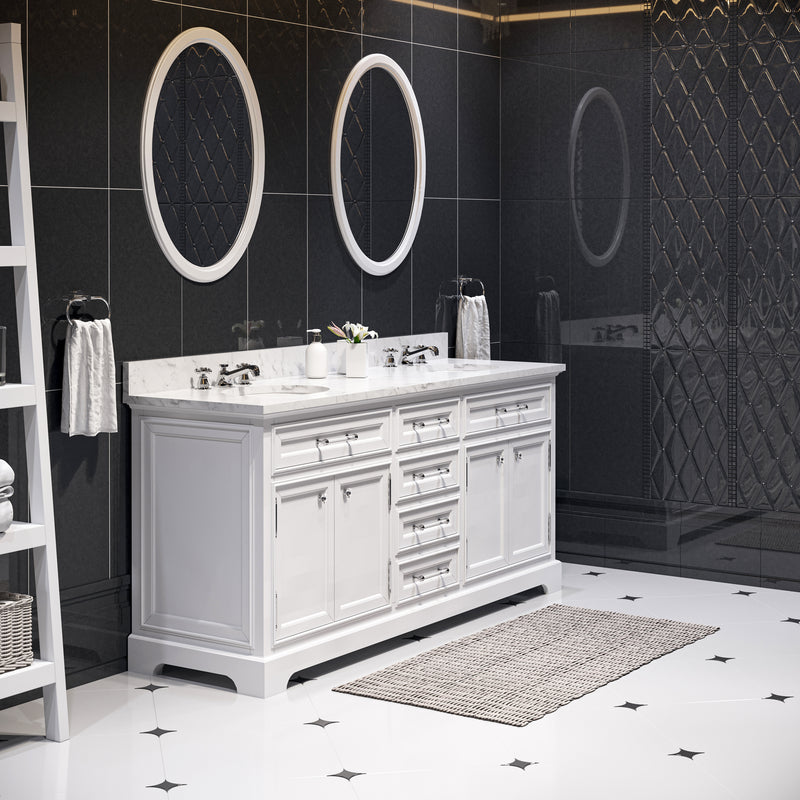 DE72CW01PW - Derby 72 In. Double Sink Pre-Assembled Traditional Style Bathroom Vanity with 1" Carrara White Marble Top