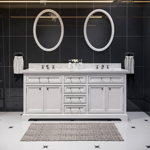 DE72CW01PW - Derby 72 In. Double Sink Pre-Assembled Traditional Style Bathroom Vanity with 1" Carrara White Marble Top