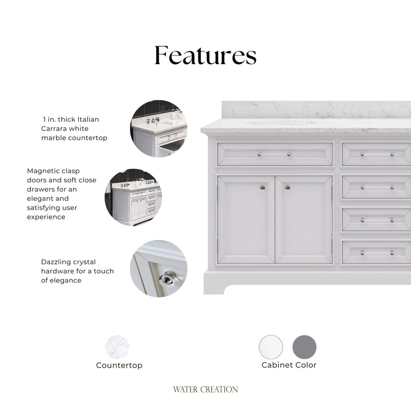DE72CW01PW - Derby 72 In. Double Sink Pre-Assembled Traditional Style Bathroom Vanity with 1" Carrara White Marble Top