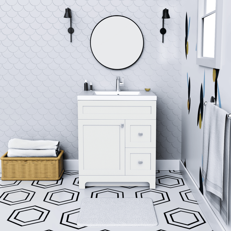Cutler DAISYWHT30 Daisy 30" Freestanding Cultured Marble Top Bathroom Vanity with Modern Shaker Doors - White
