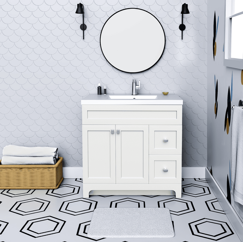Cutler DAISYWHT36 Daisy 36" Freestanding Cultured Marble Top Bathroom Vanity with Modern Shaker Doors - White